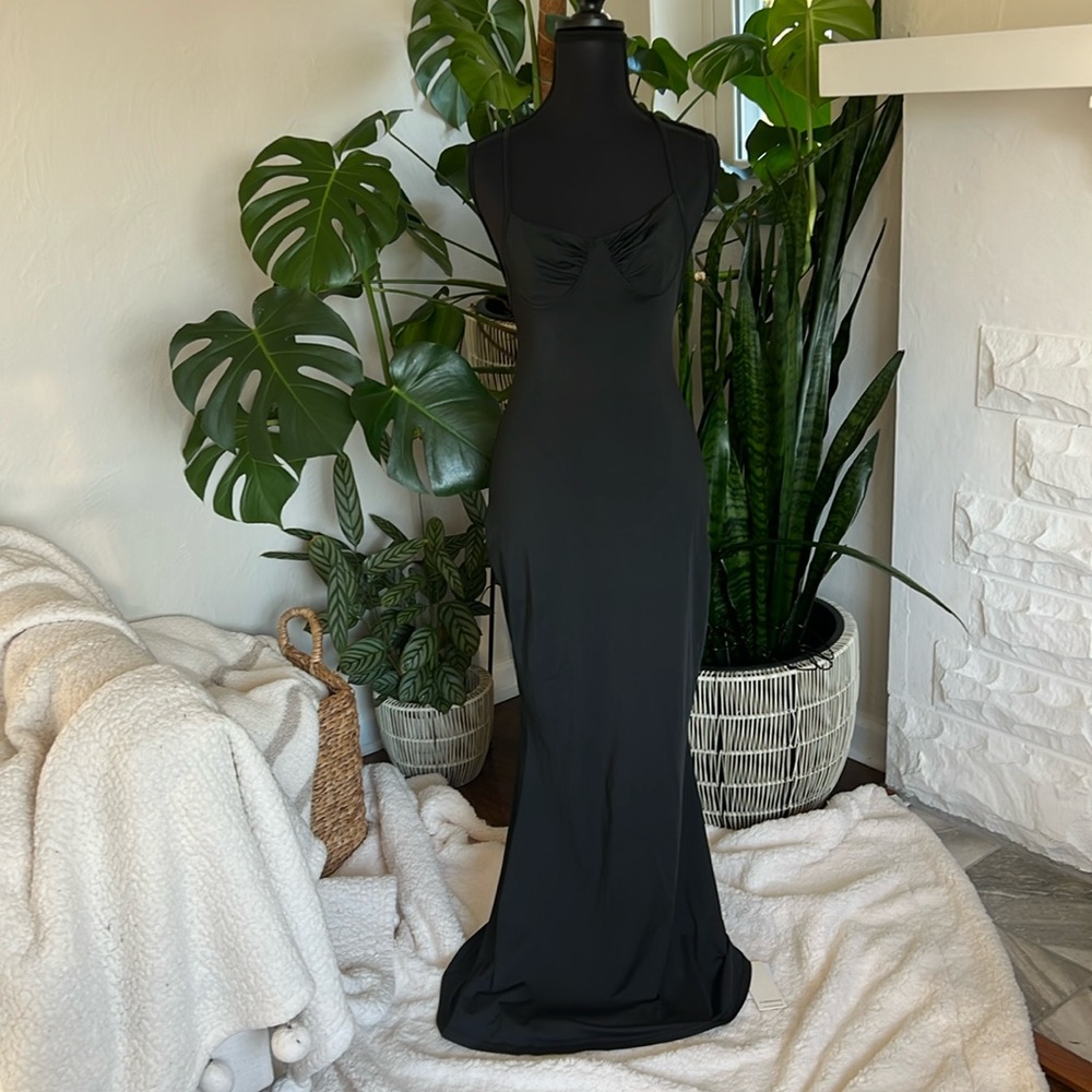 COMMENSE small black full length sexy low back body con dress